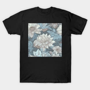 Soft Blue and White Dahlia Flower Pattern T-Shirt